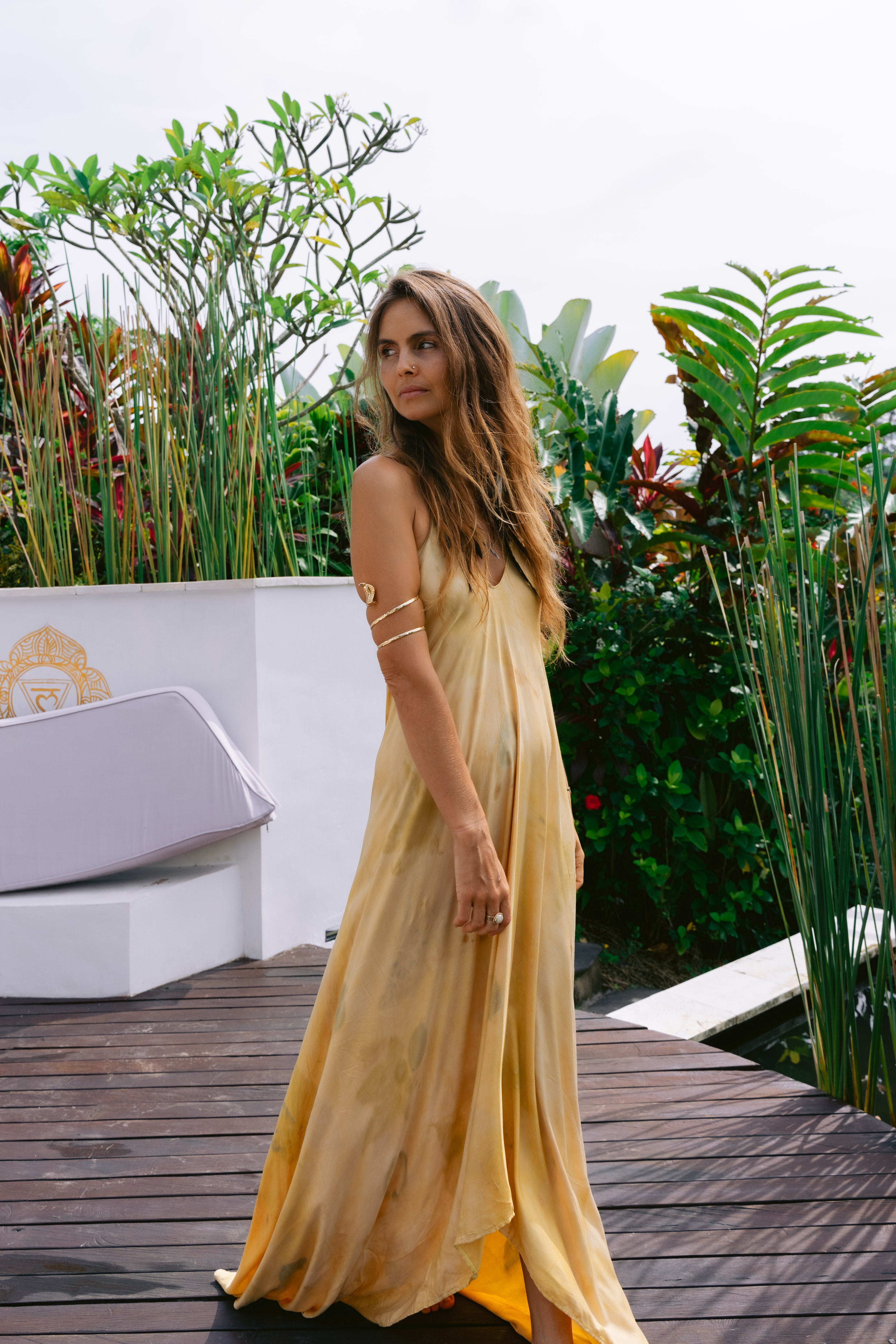 The Goddess – Yellow, White & Green Leaves  Eco Vero Friendly Eco Print Dress